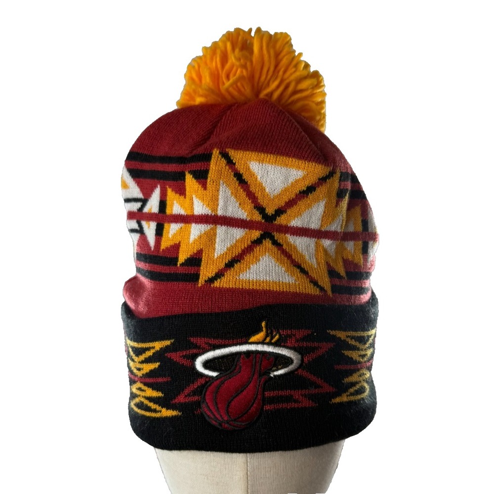 Mitchell & Ness Miami Heat NBA Knit Beanie Hat Pom Aztec Print NEW